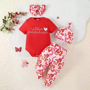 Комплект из 4 предметов для девочек «Little Valentine» с короткими рукавами, боди с принтом в виде сердца, штаны, шапка, повязка на голову 3-6M