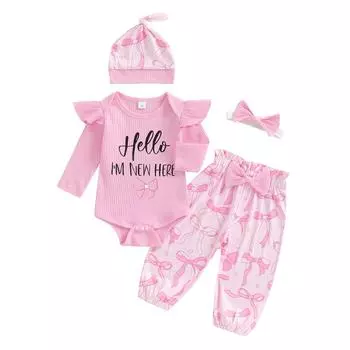 Комплект из 4 предметов для девочки на осень: комбинезон с длинными рукавами и бантом, штаны и повязка на голову 0-3 Months