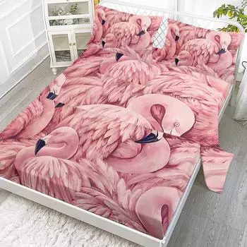 Комплект из 4 предметов «Фламинго», «Стайки фламинго собираются», в том числе 1 простыня, 1 пододеяльник, 2 наволочки (Подарок) 99cmx199cm