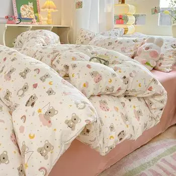 Комплект из 4 предметов из двойной пряжи из чистого стираного хлопка пододеяльник простыня матрас общежитие 4 3 предмета 0.9m bed 1.5*2m quilt core
