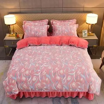 Комплект из 4 предметов из молочного флиса класса А для матерей и младенцев, высокоплотный флис «Принцесса Ветер» Фарай, утолщенный теплый комплект из 4 предметов из золотого норкового флиса 1.5m bed skirt 4pc quilt 2*2.3m тюльпан