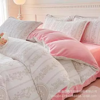 Комплект из 4 предметов из утолщенного молочного флиса 230 г/м Класс А Детский флис Резная простыня 3 предмета Легкая роскошь Однотонная шапка для кровати 1.2m Sheet Three-piece Set Quilt Cover 1.5*2m