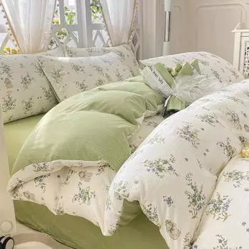 Комплект из 4 предметов класса А для матери и младенца, маленький, свежий, супермягкий, из пузырчатого хлопка, пододеяльник из стираного хлопка, комплект из 3 предметов для общежития, шляпа для кровати Dormitory Bed 3pc150 * 200