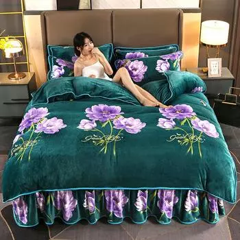 Комплект из 4 предметов плюшевого осенне-зимнего комплекта из утолщенного теплого флиса, простыни, пододеяльника с принтом, подзора для кровати, комплект для дома 200x230cm-1.5 bed