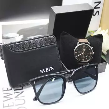 Комплект из 4 предметов, солнцезащитные очки для мужчин, кожаные часы, мужские кошельки, ремешок, круглый циферблат, мужские очки для мужчин, в комплект входит браслет, коробка для работы и спорта other