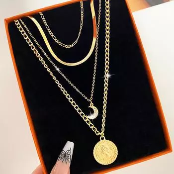 Комплект из 4 предметов, женское модное роскошное полое ожерелье, легкая роскошная подвеска в виде луны, ожерелье с кисточками, уличное панк-стиль, цепочка для свитера золотой