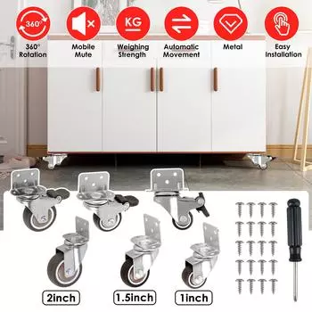 Комплект из 4 роликовых колес 1/1,5/2 дюйма, маленькие мягкие резиновые боковые крепления, угловые, для мебели, безопасные тормоза, поворотные ролики, бесшумные для тележки 1 inches