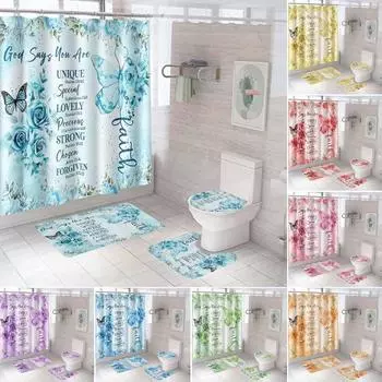 Комплект из 4 занавесок для душа Butterfly Verse с ковриком для пола и сиденьем для унитаза U-образной накладкой в цветном стиле Boho розовый