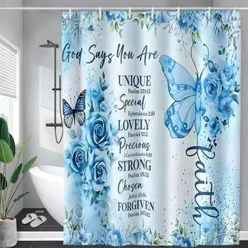 Комплект из 4 занавесок для душа Butterfly Verse с ковриком для унитаза U-образной формы синий