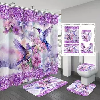 Комплект из 4 занавесок для душа с изображением фиолетовых колибри - водонепроницаемый цветочный дизайн, в комплект входят 12 крючков, нескользящий коврик, коврик для унитаза и крышка для декора ванной комнаты 4Pcs-Full Set