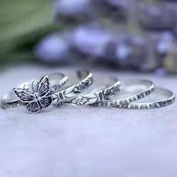 Комплект из 5 колец, складывающихся в стопку, ажурная подвеска в виде бабочки, в стиле ретро хип-хоп, изогнутая, европейская, американская, с полированной поверхностью, для повседневной носки в клубе US 7 серебряный