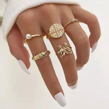 Комплект из 5 предметов, нежное романтическое кольцо с бабочкой, модное жемчужное очарование, темперамент, женское сексуальное кольцо с бабочкой и животным, комплект золотой