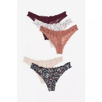 Комплект из 5 трусов-стрингов H&M темно-красный с цветочным принтом 0994042029