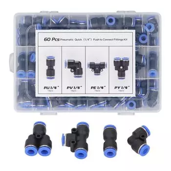 Комплект из 60 фитингов для воздушного шланга, комплект пневматических нажимных соединителей с внешним диаметром 1/4 дюйма