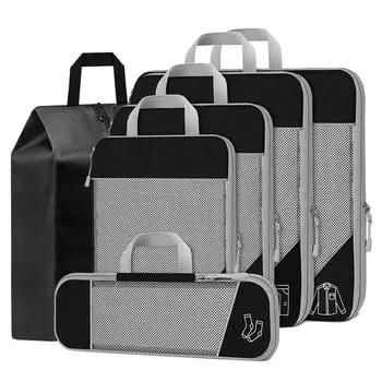 Комплект из 6 компрессионных сумок для хранения багажа, дорожная сумка для хранения багажа, расширяемая дорожная сумка для хранения багажа, аксессуары для сумок серый/чёрный