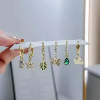 Комплект из 6 серег из стерлингового серебра 925 пробы, женские серьги-кольца в форме листьев, звезд и бабочек, капли воды, изящные ювелирные изделия золотистый