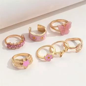 Комплект из 7 колец со сверкающими стразами, бабочками, цветами и звездами, кольца средней длины из гальванического сплава розовый