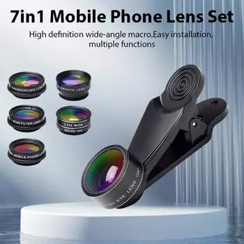 Комплект из 7-в-1 объективов для телефона, универсальный широкоугольный объектив «рыбий глаз», портретное зеркало с поляризатором CPL, калейдоскопическое зеркало, аксессуары для мобильных телефонов чёрный