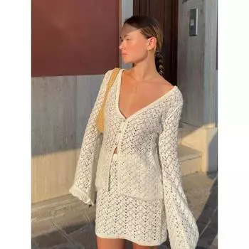 Комплект из ажурной трикотажной юбки, женский сексуальный вязаный крючком ажурный кардиган + юбка на бедрах, женский комплект из двух предметов, свободный топ с V-образным вырезом и расклешенными рукавами, осень M зелёный