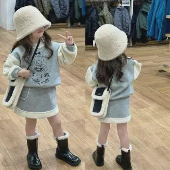 Комплект из бархатного свитера и юбки с кружевным воротником для девочек на осень/зиму - комплект из 2 предметов для детей Size 15: Fits 120-130cm серый