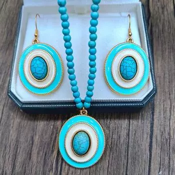 Комплект из бирюзовых серег и ожерелья, винтажный овальный эмалевый светильник, роскошный комплект ожерелья и цепочки с воротником