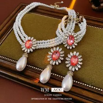 Комплект из браслета и ожерелья с овальным цветком и бриллиантами - французский придворный стиль с легкой роскошной элегантностью золотой