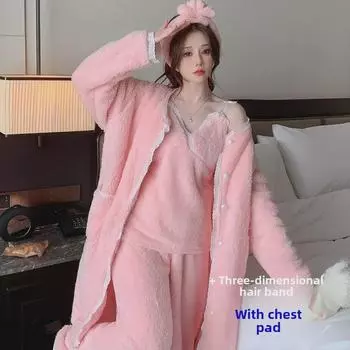 Комплект из брюк на подтяжках и верхнего халата с нагрудной накладкой + 3D-повязка для волос - осенне-зимний сексуальный пижамный комплект из 4 предметов из кораллового флиса. Medium белый