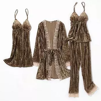 Комплект из четырех предметов, бархатная пижама, свободная, теплая, повседневная, домашняя одежда, брюки на подтяжках, длинный халат, ночная рубашка, осень-зима, велюровая ночная рубашка M