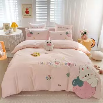 Комплект из четырех предметов из чистого хлопка с милым кроликом из чистого хлопка для девочек и детей, пододеяльник, постельное белье из чистого хлопка, стиль принцессы 1.2m bed sheet 3pcs