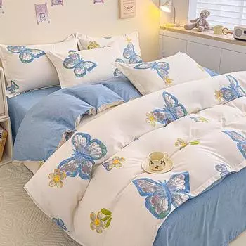 Комплект из четырех предметов из чистого хлопка, небольшая свежая простыня, пододеяльник, комплект из трех предметов из отполированного хлопка для общежития 1.2m bed