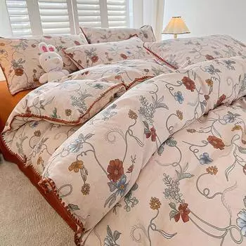 Комплект из четырех предметов из двойной пряжи, стираный хлопок и лен, студенческое общежитие, комплект из трех предметов, небольшой, свежий, успокаивающий, дышащий, с героями мультфильмов, комплект из четырех предметов 1.5m Duvet Cover