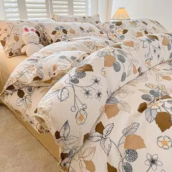 Комплект из четырех предметов из двойной пряжи, стираный хлопок и лен, студенческое общежитие, комплект из трех предметов, небольшой, свежий, успокаивающий, дышащий, с героями мультфильмов, комплект из четырех предметов 1.5m Duvet Cover