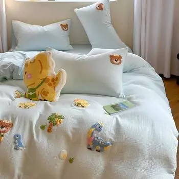 Комплект из четырех предметов из хлопковой пряжи с вышивкой «Мультяшный», комплект из трех предметов из чистого хлопка 1.2m bed