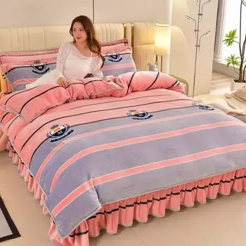 Комплект из четырех предметов из молочного флиса для матери и ребенка, утолщенная юбка для кровати из золотого норкового флиса, зимний комплект из кораллового флиса с оборками 3 предмета 4,25 кг 1.2 Sheet3pcs quilt 1.5*2m