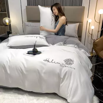 Комплект из четырех предметов из сатина из стираного хлопка, пододеяльник из ледяного шелка, простыня из шелковистой и прохладной ткани Tencel. 1.2m bed