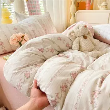 Комплект из четырех предметов из стираного хлопка класса А для матери и ребенка, детская мультяшная простыня, пододеяльник, комплект из 3 предметов для односпального одеяла для общежития 1.5 * 2.0 single quilt