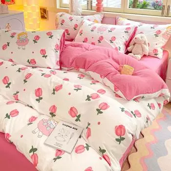 Комплект из четырех предметов из стираного хлопка класса А для матери и младенца Хлопок Мультяшный Маленький свежий Чистый хлопок Матрас Одеяло Наволочки 3 предмета 1.5*2msingle quilt