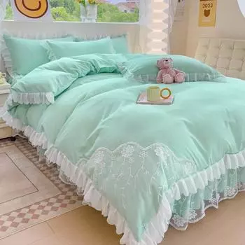 Комплект из четырех предметов из стираного хлопка Princess Wind Lace, пододеяльник, простыня, однотонное полированное постельное белье 1.5m bed оранжевый