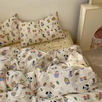 Комплект из четырех предметов из стираного хлопка Простое постельное белье Пододеяльник Простыня Комплект из трех предметов для общежития 1.2m bed