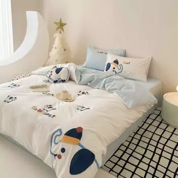 Комплект из четырех предметов из стираного хлопка, простыня из чистого хлопка, пододеяльник с изображением сердечек для девочек, постельное белье с рисунками из мультфильмов 1.2m bed