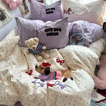 Комплект из четырех предметов из стираного хлопка, пододеяльник с рисунком из мультфильма, простыня, комплект из трех предметов для спальни, постельное белье 1.2m bed