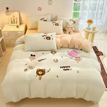 Комплект из четырех предметов из стираного хлопка, простыня, пододеяльник, симпатичный комплект из трех предметов из чистого хлопка 1.2m bed