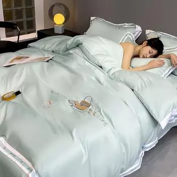 Комплект из четырех предметов из стираного шелка, высококачественное постельное белье из ледяного шелка, вышитое одеяло, покрывало, простыня, комплект из трех предметов 1.2m bed