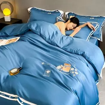 Комплект из четырех предметов из стираного шелка, высококачественное постельное белье из ледяного шелка, вышитое одеяло, покрывало, простыня, комплект из трех предметов 1.2m bed