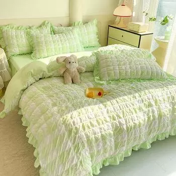 Комплект из четырех предметов постельного белья из сирсакера из выстиранного хлопка в клетку, простыня, подзор, пододеяльник, комплект постельного белья для общежития из трех предметов 1.5m bed