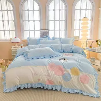 Комплект из четырех предметов постельного белья Lace Princess Wind из стираного хлопка, пододеяльник с вышивкой, небольшой свежий комплект постельного белья 1.5m bed