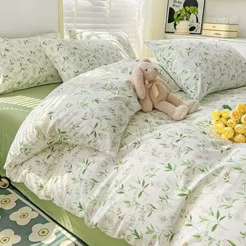 Комплект из четырех предметов с принтом из чистого хлопка, простыня из чистого хлопка, пододеяльник, небольшой свежий комплект из трех предметов, утолщенный пододеяльник для дома 1.2m bed sheet 3pcs
