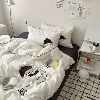 Комплект из четырех предметов с сердечками для девочек, мягкий, стираный хлопок, симпатичная вышивка, простыня для тяжелой промышленности, пододеяльник, комплект из трех предметов для общежития 1.2m bed