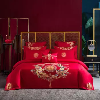 Комплект из четырех предметов с свадебной вышивкой, красное свадебное одеяло, постельное белье, свадебное пододеяльник, простыни, постельное белье для молодоженов, комплект из шести предметов для свадебной кровати 11
