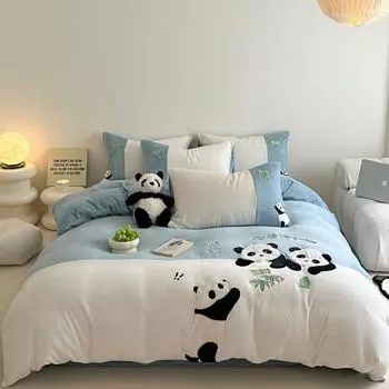 Комплект из четырех предметов с вышивкой на молочном флисе, покрывало для одеяла с вышивкой «Панда», комплект из трех предметов с простынями 1.2m bed